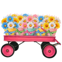 Watercolor vntage garden wagon cart full of daisies png
