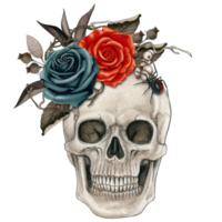 Watercolor halloween decorated skull with roses and dried leaves png