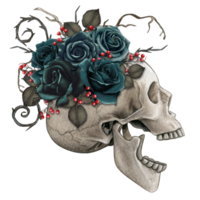 aquarelle Halloween décoré crâne avec des roses et séché feuilles png