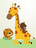 Vector cartoon of little bear sliding on giraffes neck, lion hiding in leaf