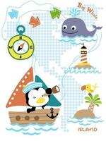 dibujos animados de gracioso pingüino en velero con navegación elemento ilustración vector