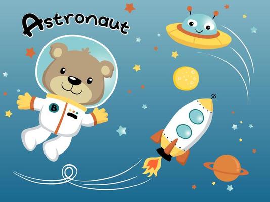 Funny bear cartoon in astronaut costume flying in space with spaceship and UFO