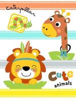 Vector illustration of funny animals cartoon on colorful striped background