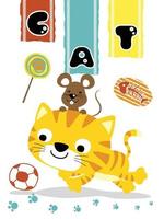 Vector cartoon of funny cat and mouse playing ball
