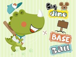 Funny dinosaur cartoon playing baseball with little mouse vector