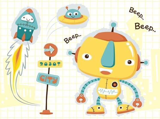 Group of cute robots cartoon on buildings background