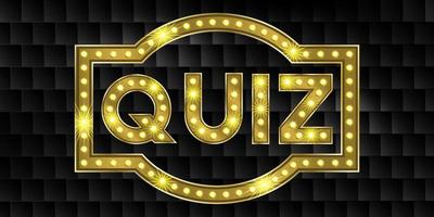 3d quiz gold title for contest show. Gold font for trivia typography design template on black tile background. Vector typeface in light glitter frame. Creative retro background for competition.