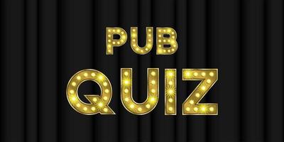 Pub quiz trivia night vector background with bulb text. Vintage show text for bar brain contest. Retro smart competition typeface on black curtains. Marquee title effect for knowledge challenge