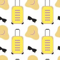 Endless pattern of a travel suitcase, a wide brimmed hat and sunglasses in trendy bright shades. EPS vector