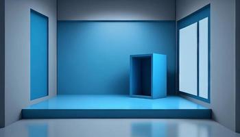 Interior corner wall room blue 3d background of abstract window light stage scene photo