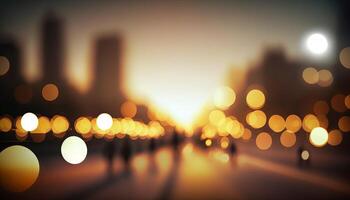 Blur Background city abstract with sunset and beautiful lighting bokeh motion focus in the morning. photo