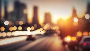 Blur Background city abstract with sunset and beautiful lighting bokeh motion focus in the morning. photo