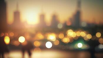 Blur Background city abstract with sunset and beautiful lighting bokeh motion focus in the morning. photo