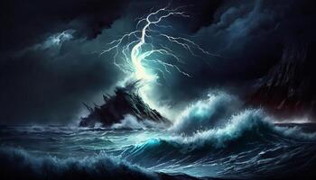 Bright lightning in a raging sea. A strong storm in the ocean. Big waves. Night thunderstorm. photo