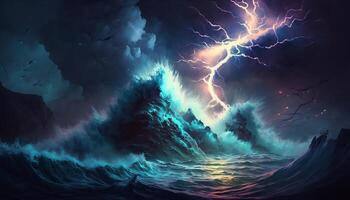 Bright lightning in a raging sea. A strong storm in the ocean. Big waves. Night thunderstorm. photo