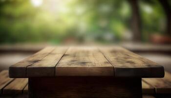 Wooden board empty table top on of blurred background. photo