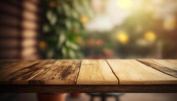 Wooden board empty table top on of blurred background. photo