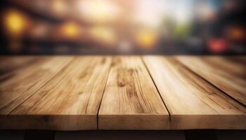 Wooden board empty table top on of blurred background. photo