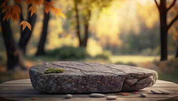 Stone board empty table in front of blurred background. perspective brown stone over blur trees in forest. photo