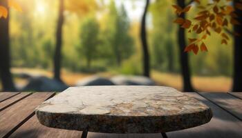 Stone board empty table in front of blurred background. perspective brown stone over blur trees in forest. photo