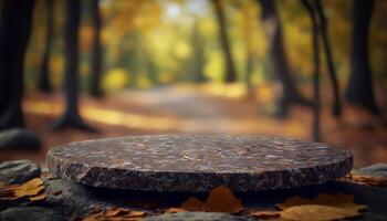 Stone board empty table in front of blurred background. perspective brown stone over blur trees in forest. photo