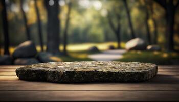 Stone board empty table in front of blurred background. perspective brown stone over blur trees in forest. photo