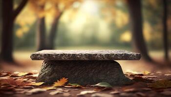 Stone board empty table in front of blurred background. perspective brown stone over blur trees in forest. photo