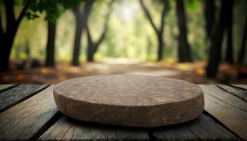 Stone board empty table in front of blurred background. perspective brown stone over blur trees in forest. photo