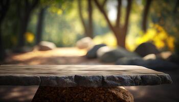 Stone board empty table in front of blurred background. perspective brown stone over blur trees in forest. photo