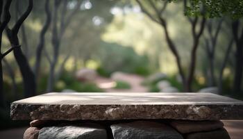 Stone board empty table in front of blurred background. perspective brown stone over blur trees in forest. photo