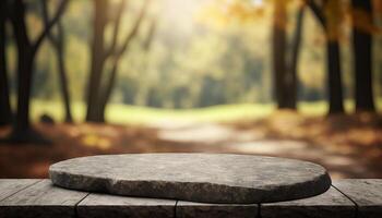 Stone board empty table in front of blurred background. perspective brown stone over blur trees in forest. photo