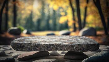 Stone board empty table in front of blurred background. perspective brown stone over blur trees in forest. photo