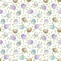 Watercolor hand drawn Easter celebration clipart. Seamless pattern with painted eggs and leaves. Pastel color. Isolated on white background. For invitations, gifts, greeting cards, print, textile vector