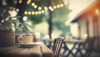 borroso antecedentes - café tienda en jardín difuminar antecedentes con Bokeh. generativo ai foto