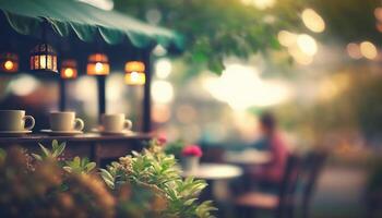 borroso antecedentes - café tienda en jardín difuminar antecedentes con Bokeh. generativo ai foto