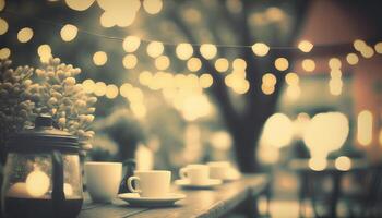 Blurred background - coffee shop in garden blur background with bokeh. photo