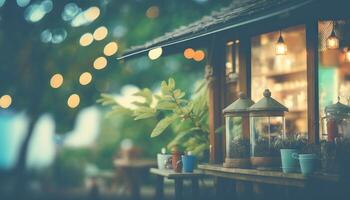 Blurred background - coffee shop in garden blur background with bokeh. photo