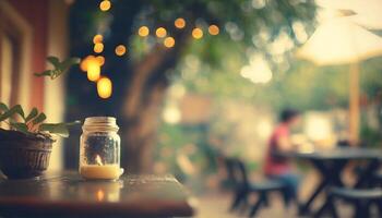 Blurred background - coffee shop in garden blur background with bokeh. photo