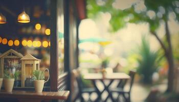 Blurred background - coffee shop in garden blur background with bokeh. photo