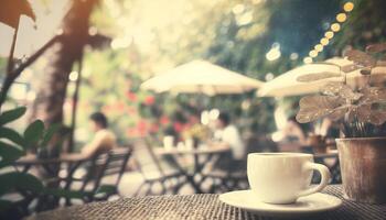 borroso antecedentes - café tienda en jardín difuminar antecedentes con Bokeh. generativo ai foto