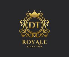 Golden Letter DT template logo Luxury gold letter with crown. Monogram alphabet . Beautiful royal initials letter. vector