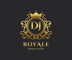Golden Letter DJ template logo Luxury gold letter with crown. Monogram alphabet . Beautiful royal initials letter. vector