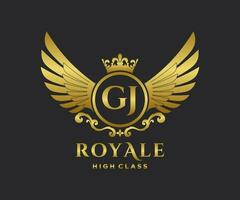 Golden Letter GJ template logo Luxury gold letter with crown. Monogram alphabet . Beautiful royal initials letter. vector