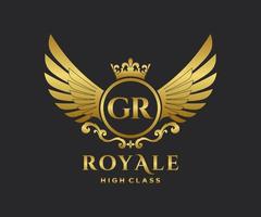 Golden Letter GR template logo Luxury gold letter with crown. Monogram alphabet . Beautiful royal initials letter. vector