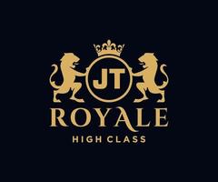 Golden Letter JT template logo Luxury gold letter with crown. Monogram alphabet . Beautiful royal initials letter. vector