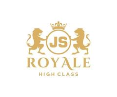 Golden Letter JS template logo Luxury gold letter with crown. Monogram alphabet . Beautiful royal initials letter. vector