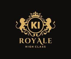 Golden Letter KI template logo Luxury gold letter with crown. Monogram alphabet . Beautiful royal initials letter. vector