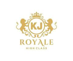 Golden Letter KJ template logo Luxury gold letter with crown. Monogram alphabet . Beautiful royal initials letter. vector