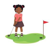 Cute little African girl playing golf ready to hit ball aiming at the hole vector