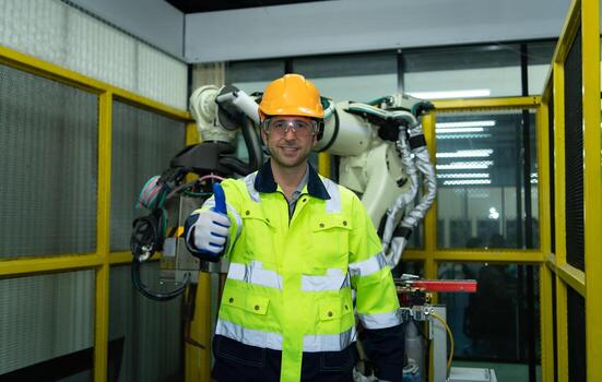 Portrait of engineering with a huge welding robot behind, it that has been inspected after use. photo